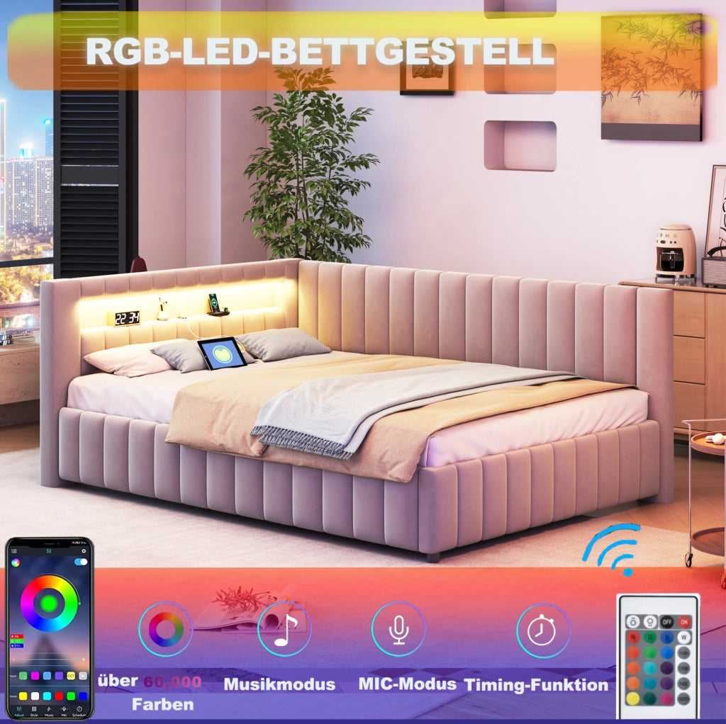Letto Divano Letto Imbottito in Velluto 140x200 cm con LED e Porta USB, Struttura Larga e Resistente, Grigio