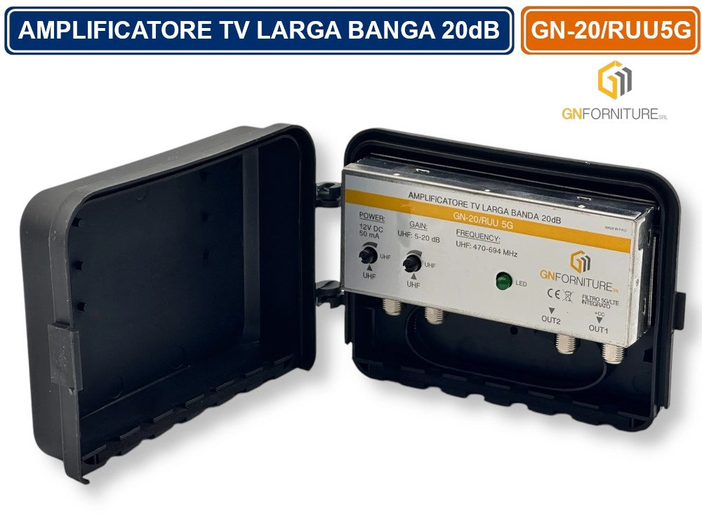 AMPLIFICATORE TV LARGA BANDA 20dB CON FILTRO 5G/LTE INTEGRATO PER DVB-T2 2 INGRESSI 2 USCITE