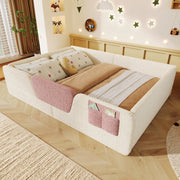 Letto per bambini imbottito 140 × 190 cm in velluto beige con sponde laterali removibili e tasca integrata