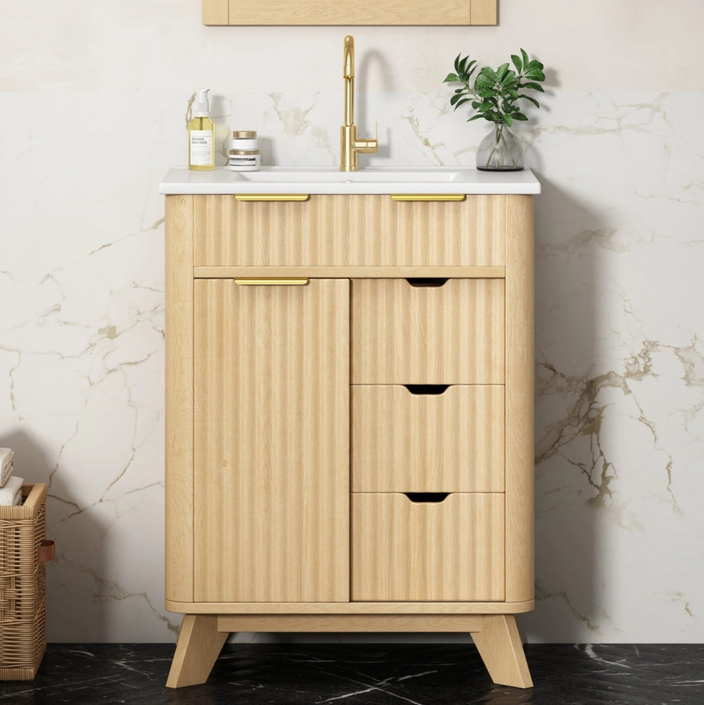 Mobile bagno 61 cm con lavabo in ceramica, 3 cassetti e anta scorrevole in MDF finitura legno naturale con motivo a onde
