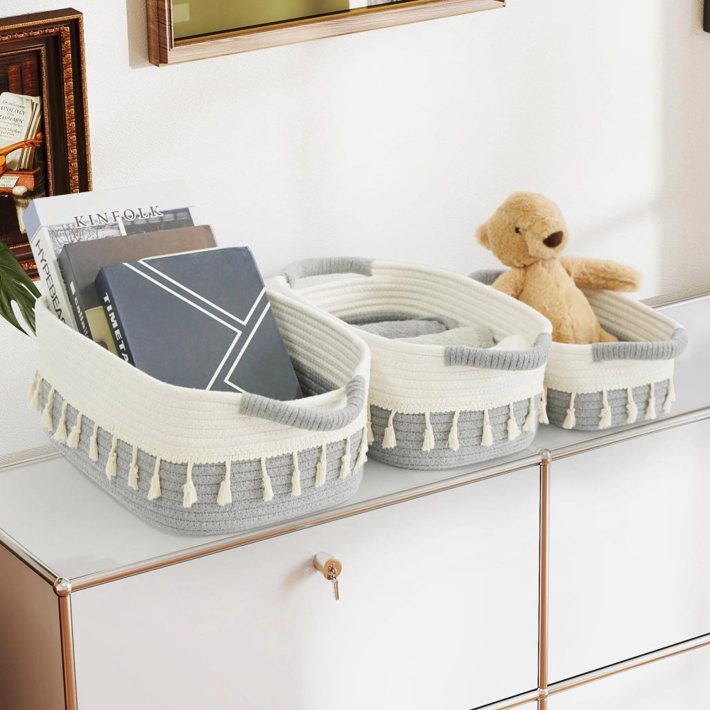Cesti per riporre i cavi, set da 3, in cotone, bianco/grigio