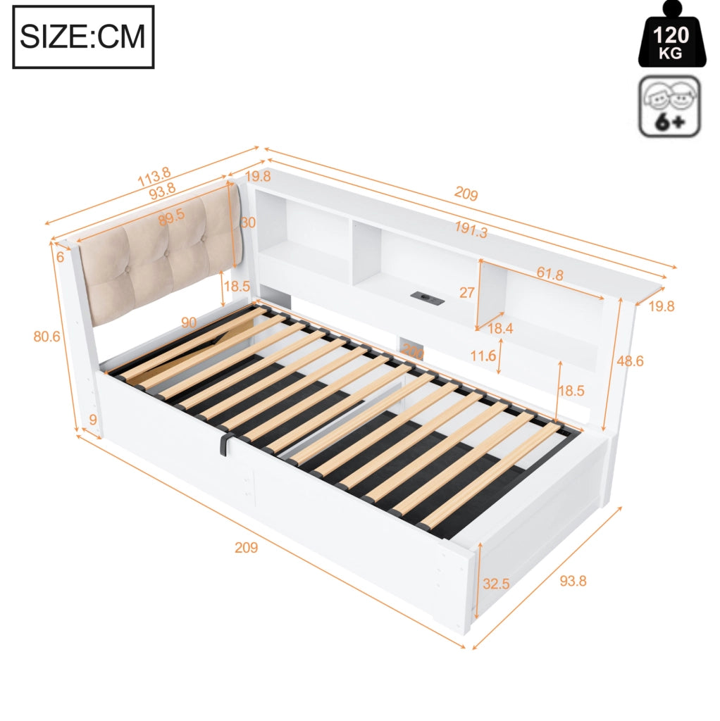 Letto singolo 90x200 cm in pino bianco con contenitore idraulico, LED regolabile, USB e scaffali laterali