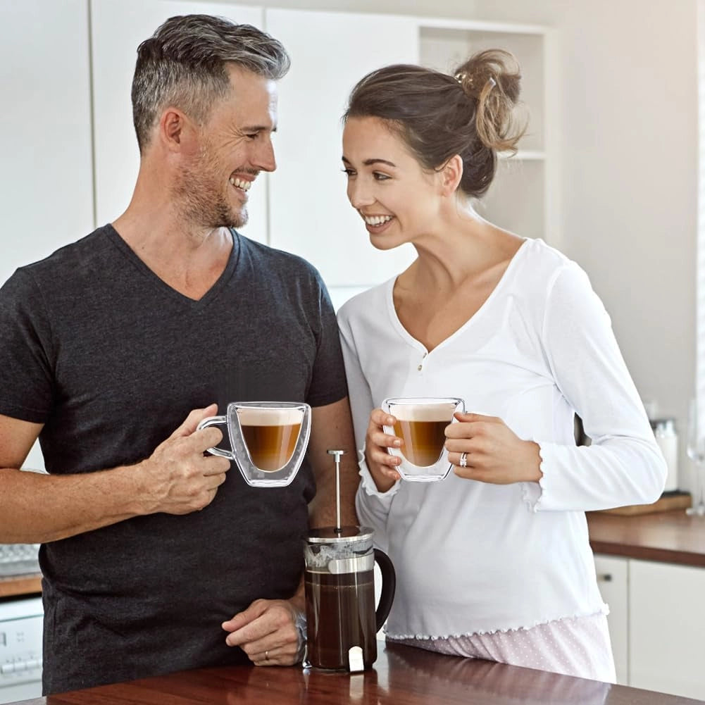 Bicchieri per espresso Herz, capacità 180 ml, a doppia parete, con manico e cucchiaino