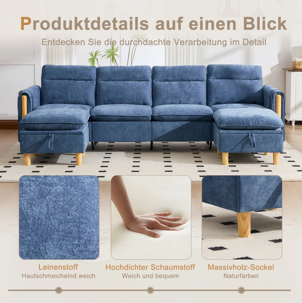 DIVANO modulare 4 posti in ciniglia blu con 2 pouf contenitore