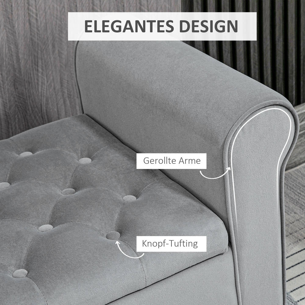 Panca contenitore imbottita fondo letto effetto velluto grigio con trapuntatura a bottoni 126 cm x 48,5 cm x 57 cm