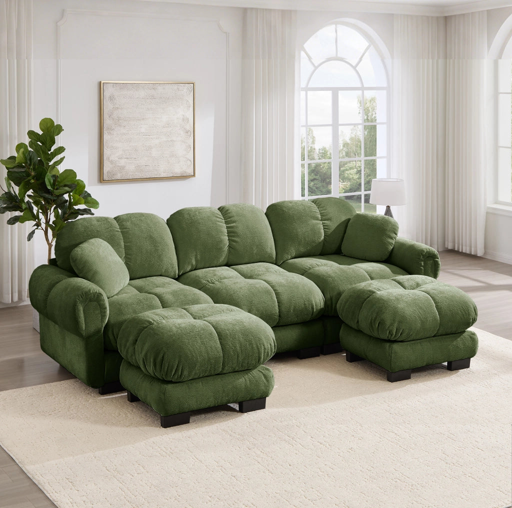 Divano a U 3 posti 260x149x90 cm in ciniglia verde, ottomana mobile e 2 cuscini