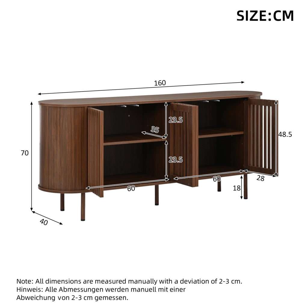 Credenza 160x40x70 cm in MDF con 4 ante scorrevoli traforate e ripiani regolabili; noce