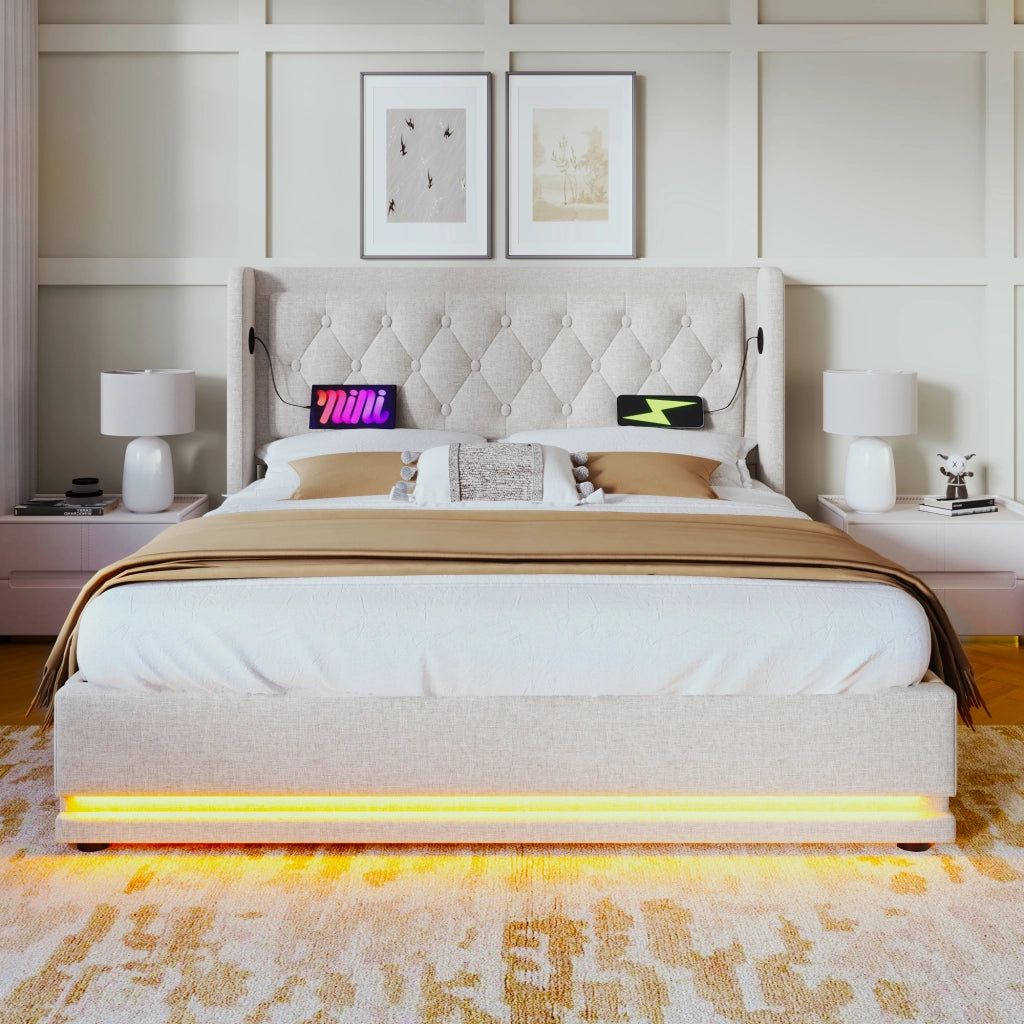Letto matrimoniale contenitore 160 × 200 cm con materasso a molle LED USB Tipo C testiera imbottita cotone beige