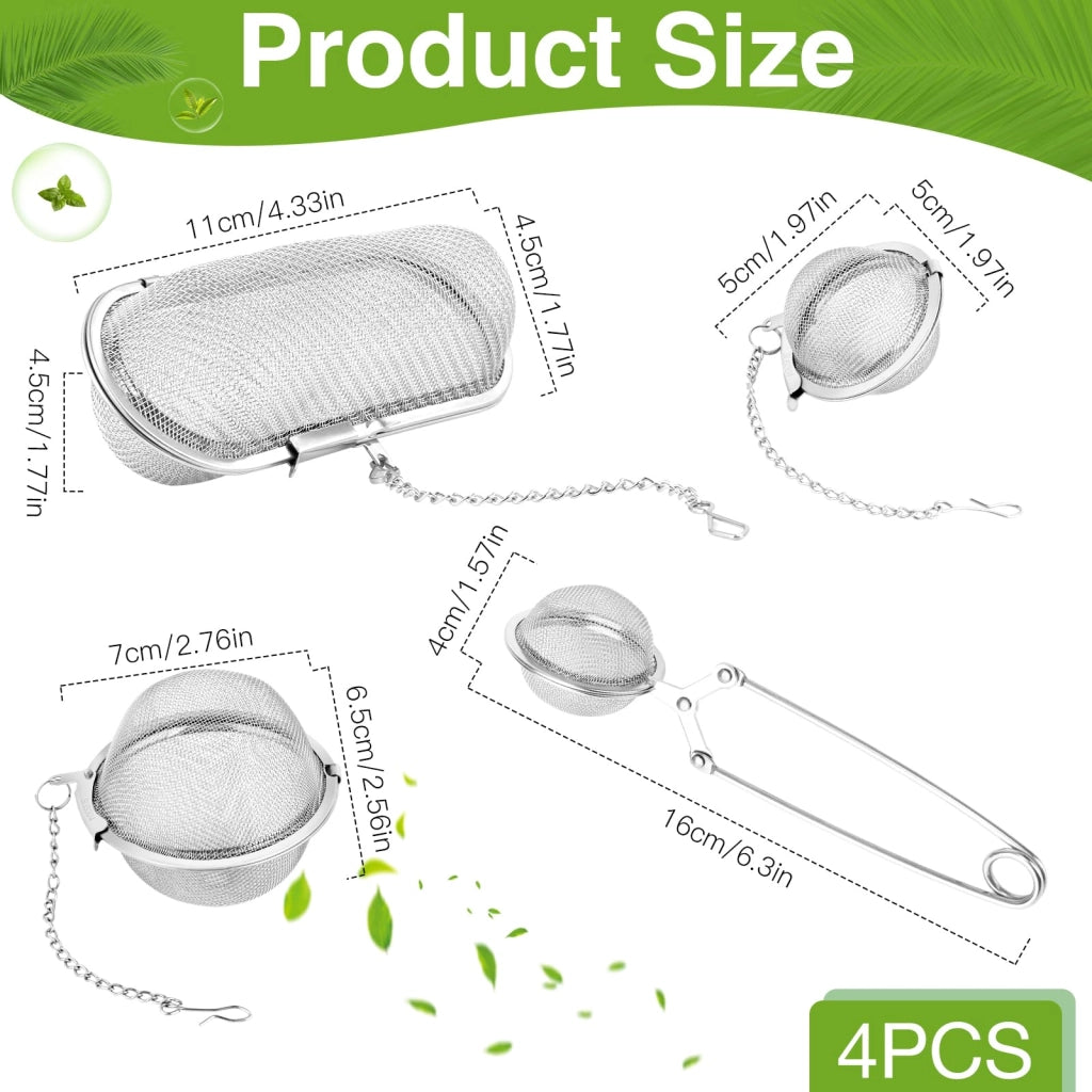 Set di 4 infusori per tè in acciaio inossidabile, riutilizzabili, con catena