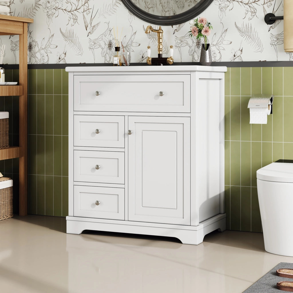 Mobile lavabo bagno 76 × 46 × 87 cm, MDF bianco, lavabo ceramico, 3 cassetti