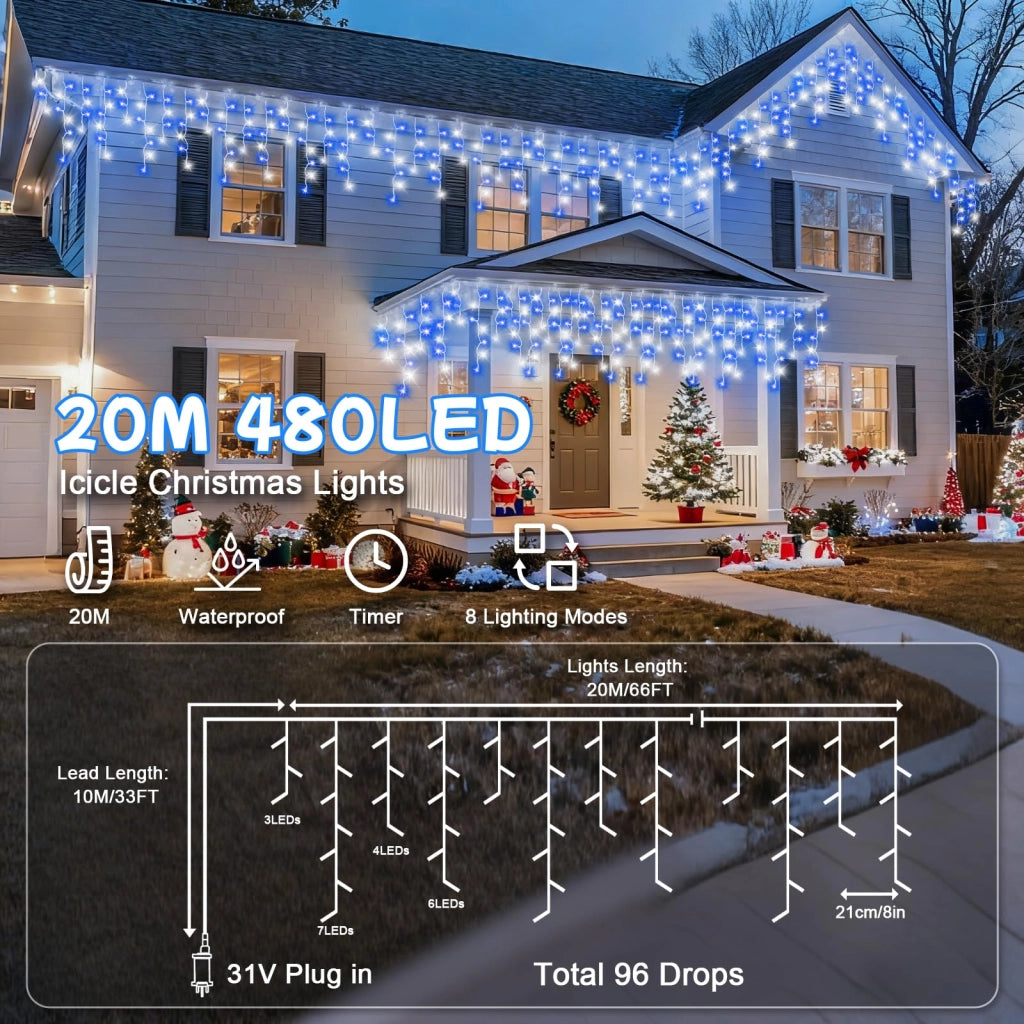 Catena luminosa effetto neve, 20 metri, 480 LED, blu/bianco, con timer, impermeabile
