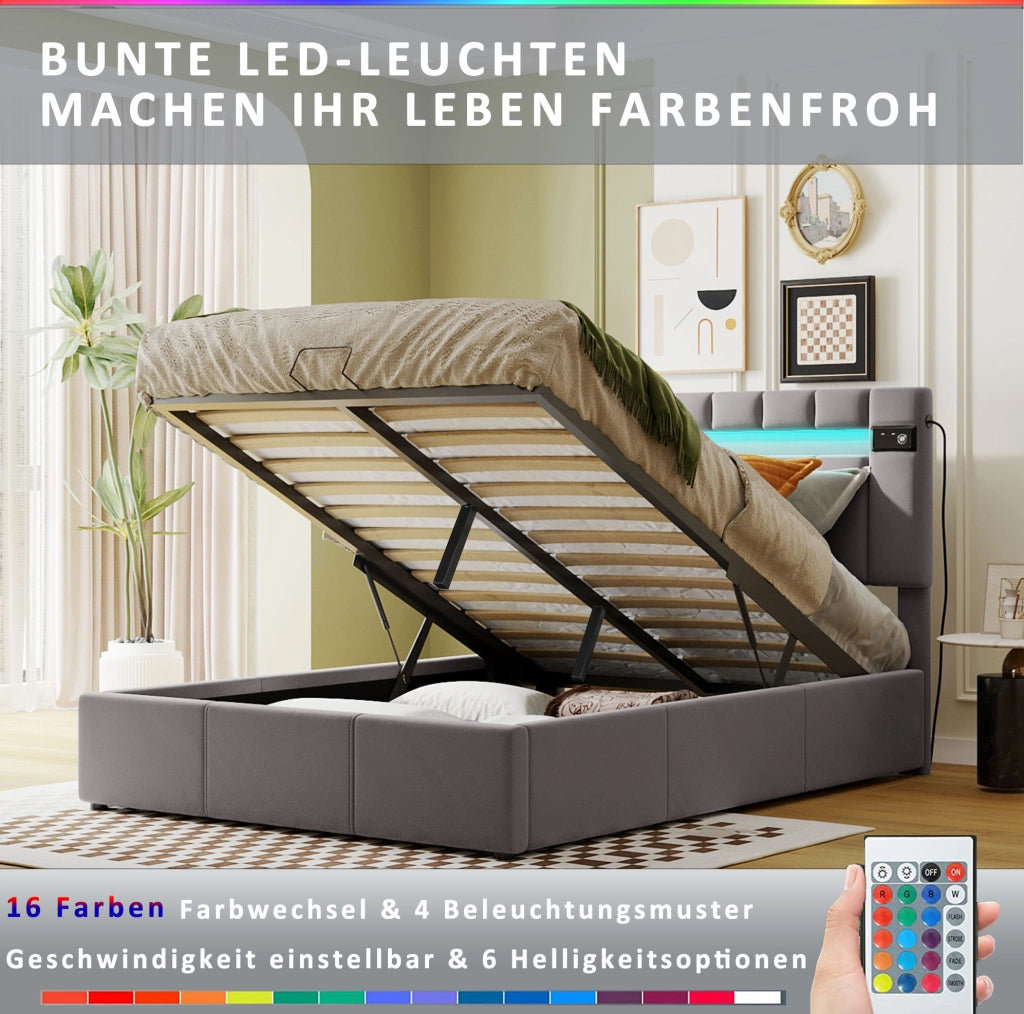 Letto imbottito con contenitore idraulico; LED; Bluetooth e 2 porte USB; 203 × 145 × 101 (106) cm; grigio
