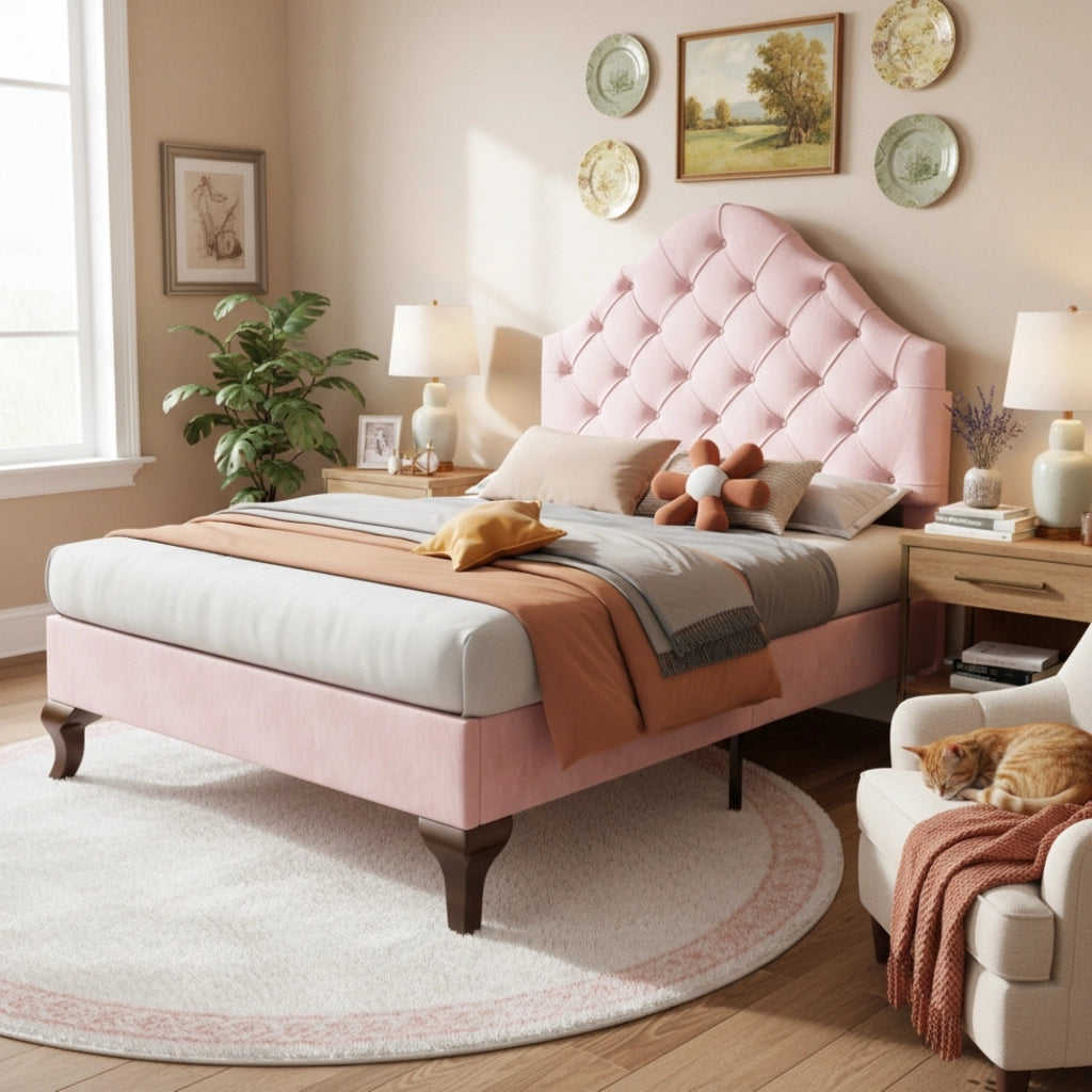 Letto singolo imbottito 90 × 200 cm con rete a doghe testiera regolabile in velluto rosa