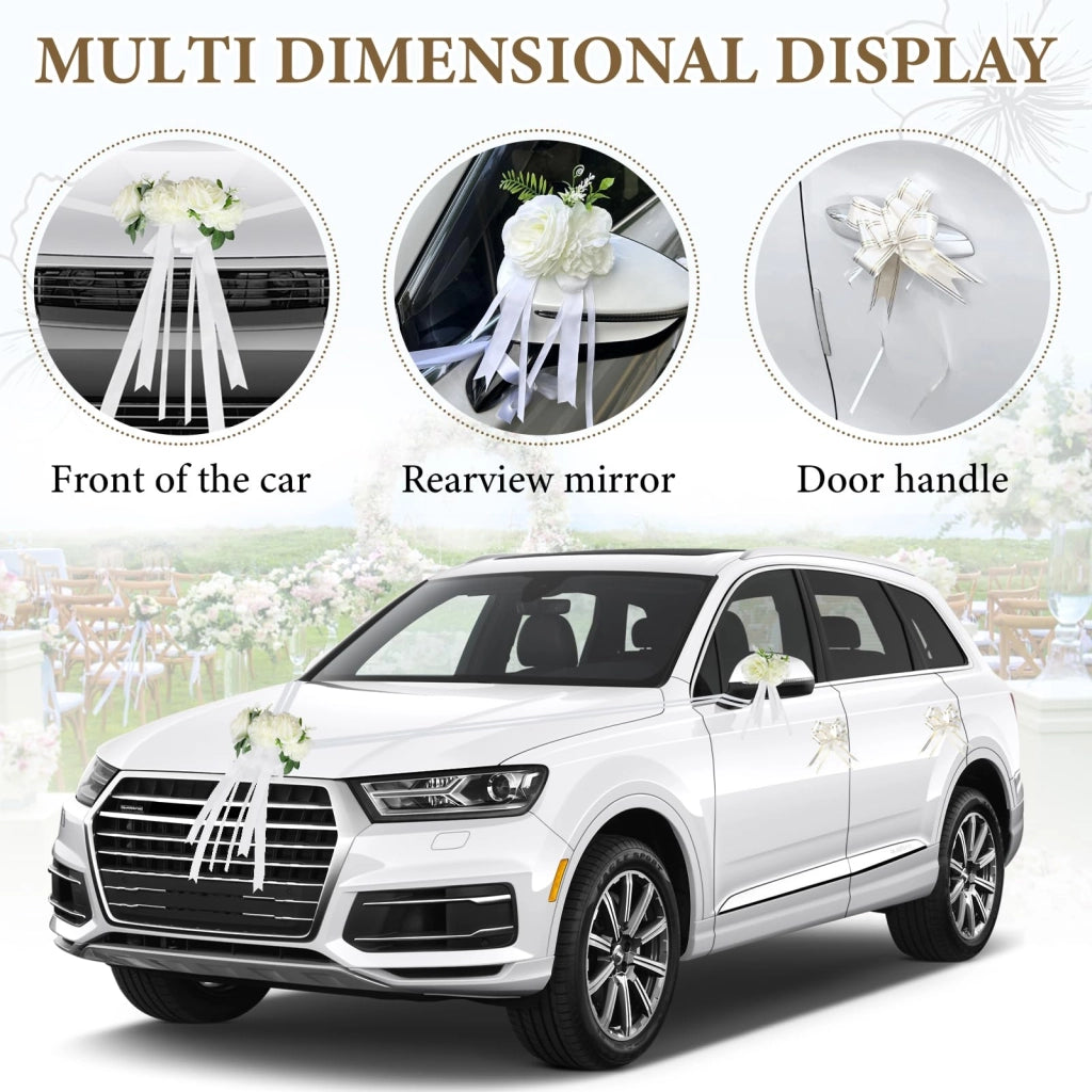 Set per decorare l'auto per il matrimonio, composto da 3 rose, nastri e fiocchi