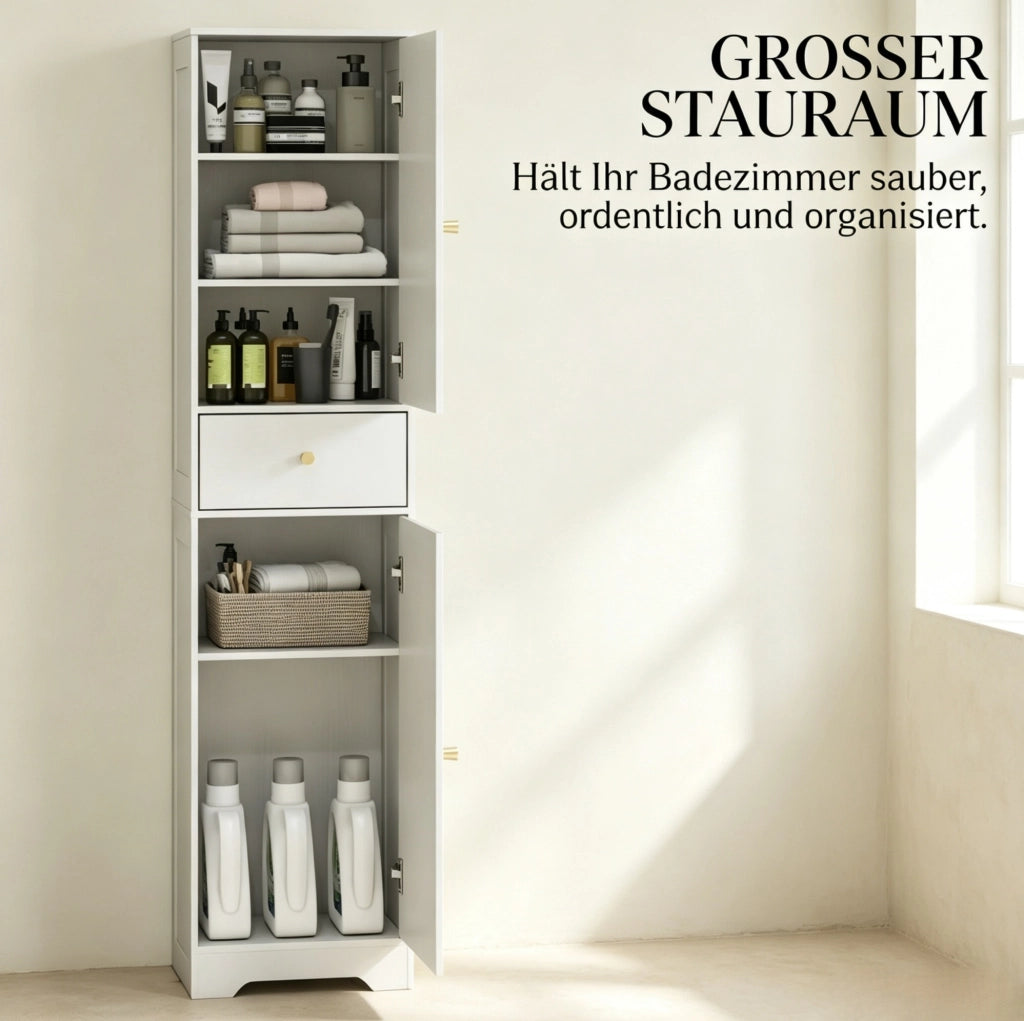 Mobile Colonna per Bagno in Truciolato Bianco 40x29,5x170 cm con Armadietti, Cassetto e Ripiani Regolabili