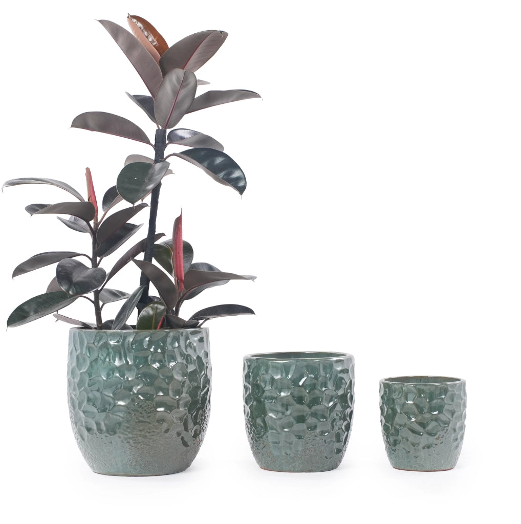 Vaso in ceramica verde scuro Ø 38 cm con rilievo e foro di drenaggio