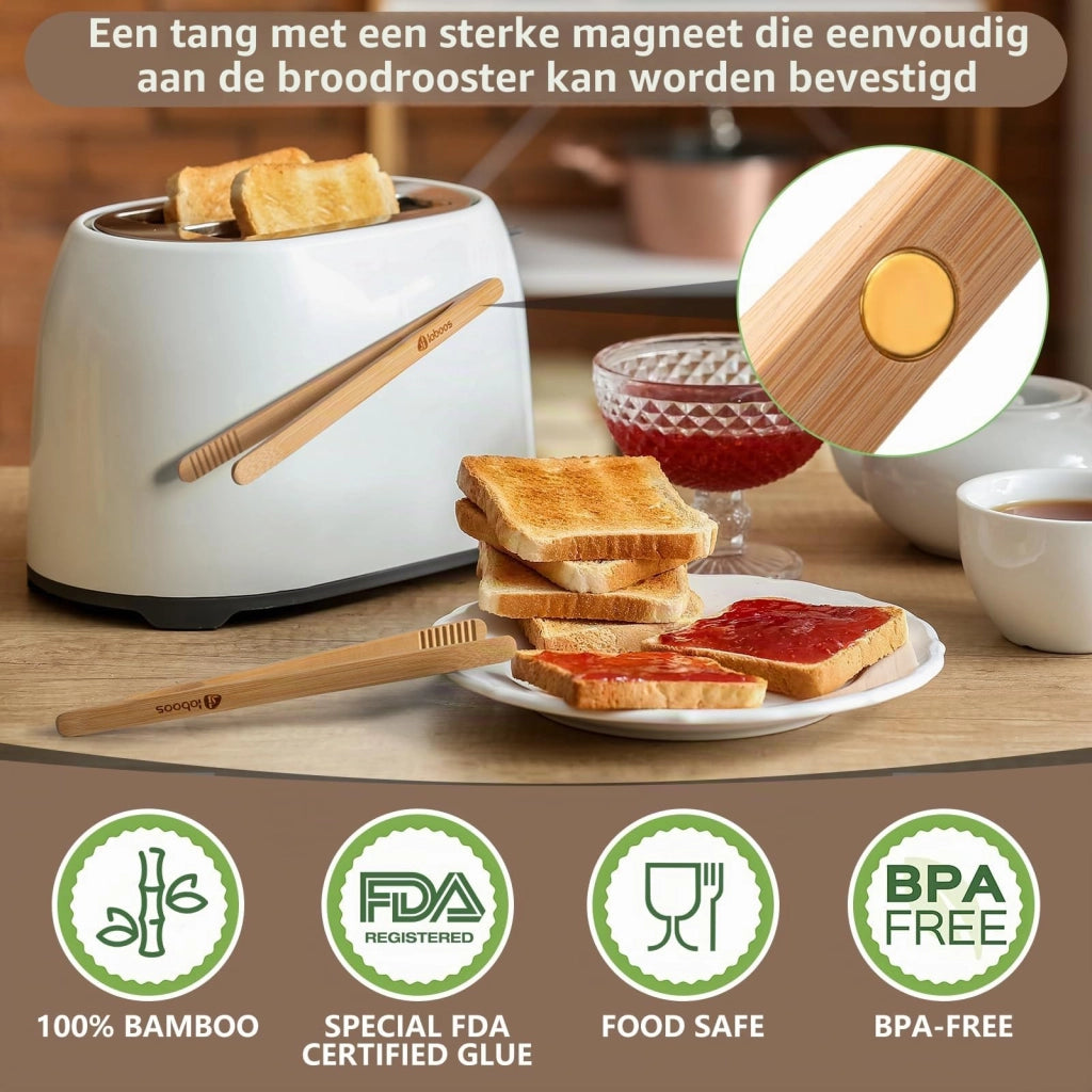 Pinze per toast in bambù, lunghezza 21,5 cm, set da 2, con magnete