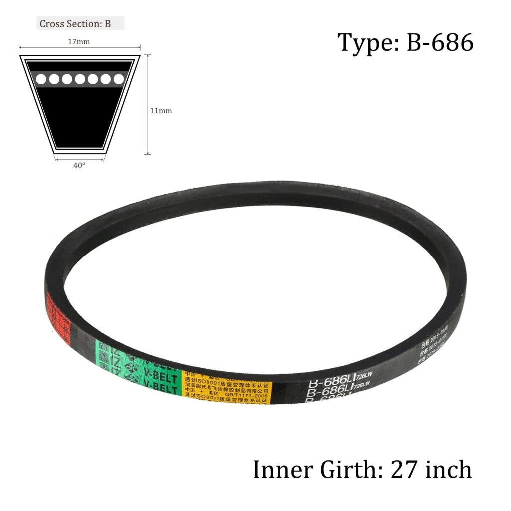 Cinghia a V, modello B-686/B27, dimensioni 27 pollici x 16 mm x 11 mm, in gomma, profilo B