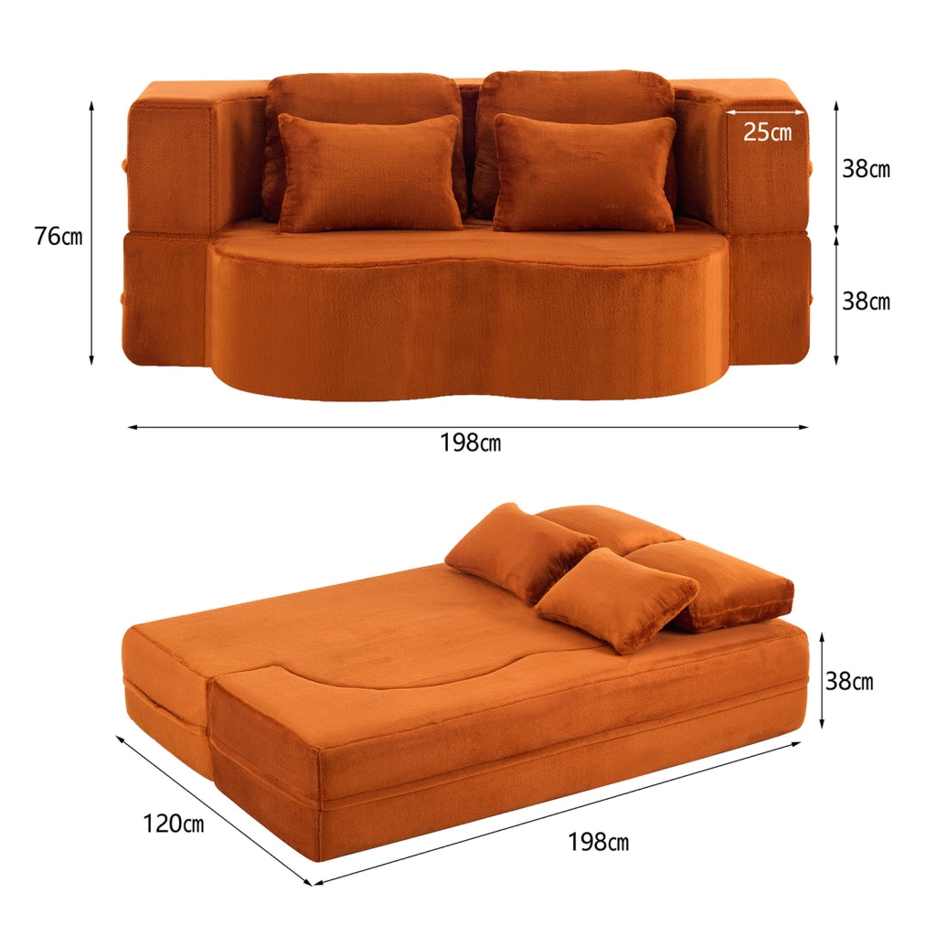 Divano letto da terra IVMEU pieghevole arancione con 4 cuscini, rivestimento in tessuto peluche