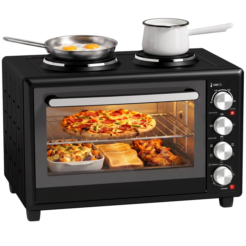 Mini Forno Elettrico Ventilato 46L 1800W con 2 Piastre di Cottura e Girarrosto Fornetto Multifunzione con Timer Salvaspazio Nero