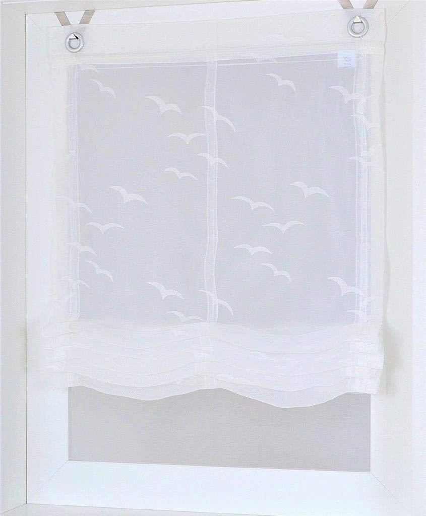 Tenda a rullo con occhielli, bianca, trasparente, con motivo di uccelli, 80x130 cm