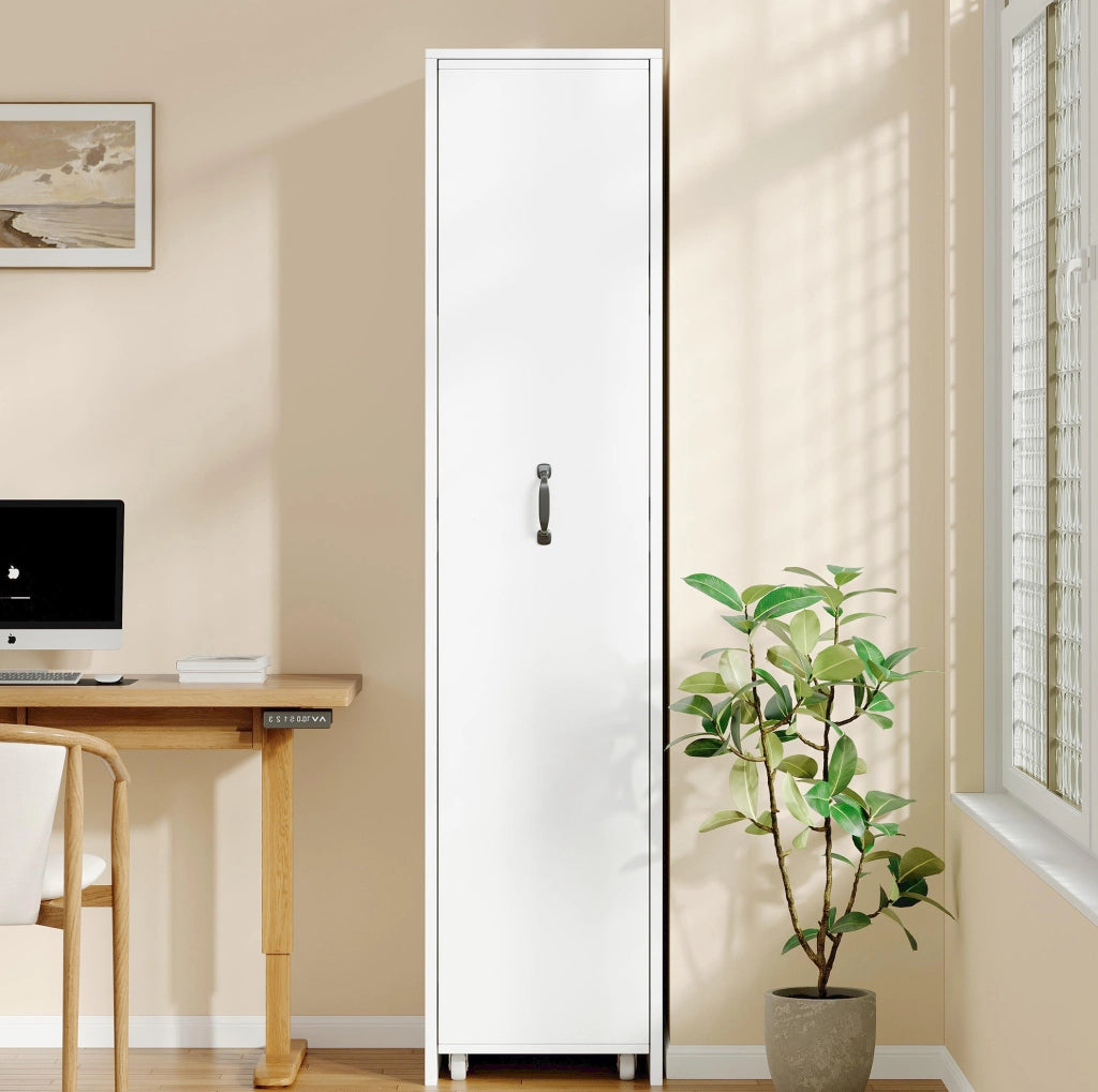 Libreria stretta bianca in MDF con ruote e contenitori, 40 × 30 × 160,5 cm