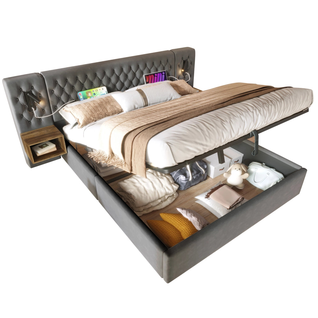 Letto matrimoniale 160x200 cm con contenitore idraulico; velluto grigio; 2 comodini; luci USB e materasso incluso