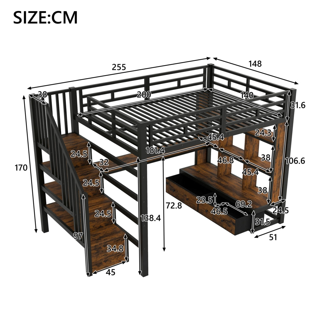 LETTO a soppalco 140x200 cm con scrivania, scaffali e cassetti, metallo e MDF, nero