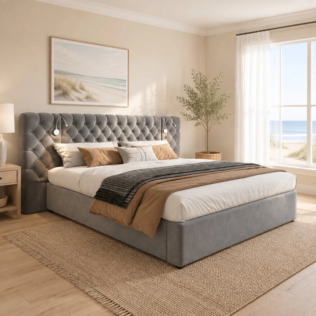 Letto contenitore 160 ¡Á 200 cm con due comodini rete a doghe in legno rivestito in lino grigio e nero