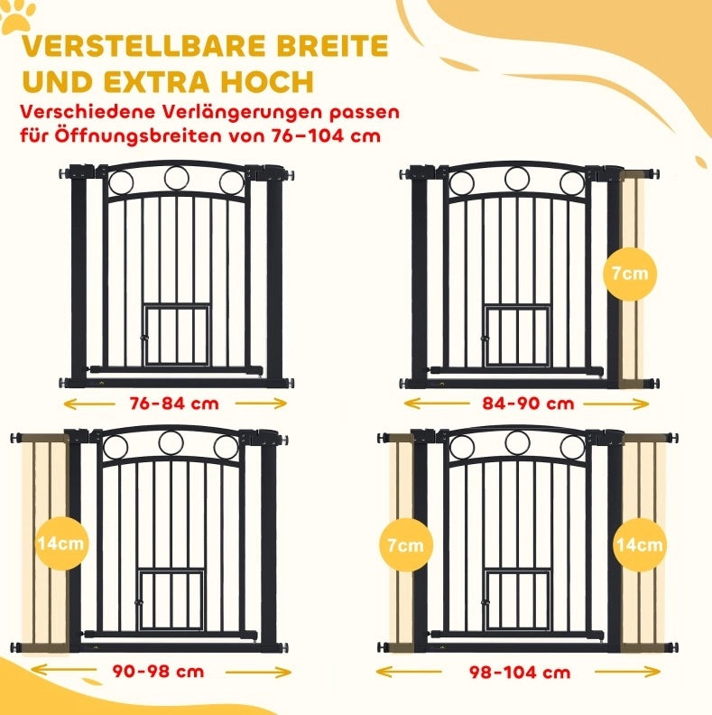 Cancelletto di sicurezza per animali 77 cm regolabile 76-104 cm nero con gattaiola