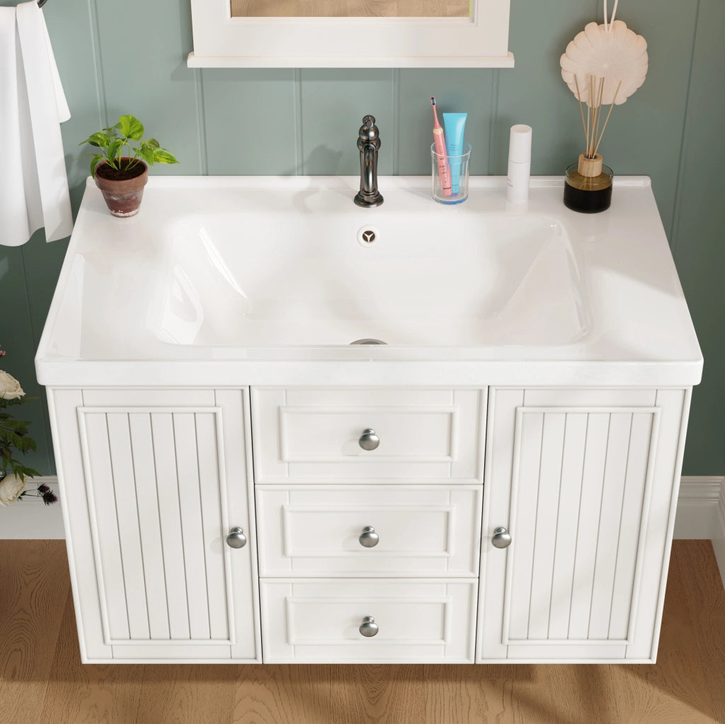 Mobile bagno sospeso con lavabo in ceramica bianco 78,5x46x46,8 cm con 3 cassetti
