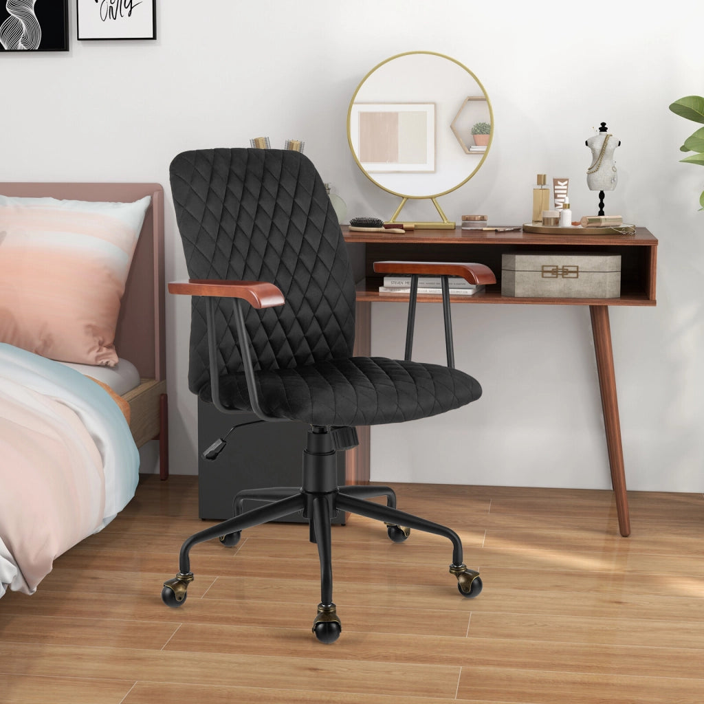 Sedia da Scrivania Ergonomica in Velluto Nero con Braccioli in Legno e Ruote Sedia da Ufficio Girevole Regolabile per Casa e Studio