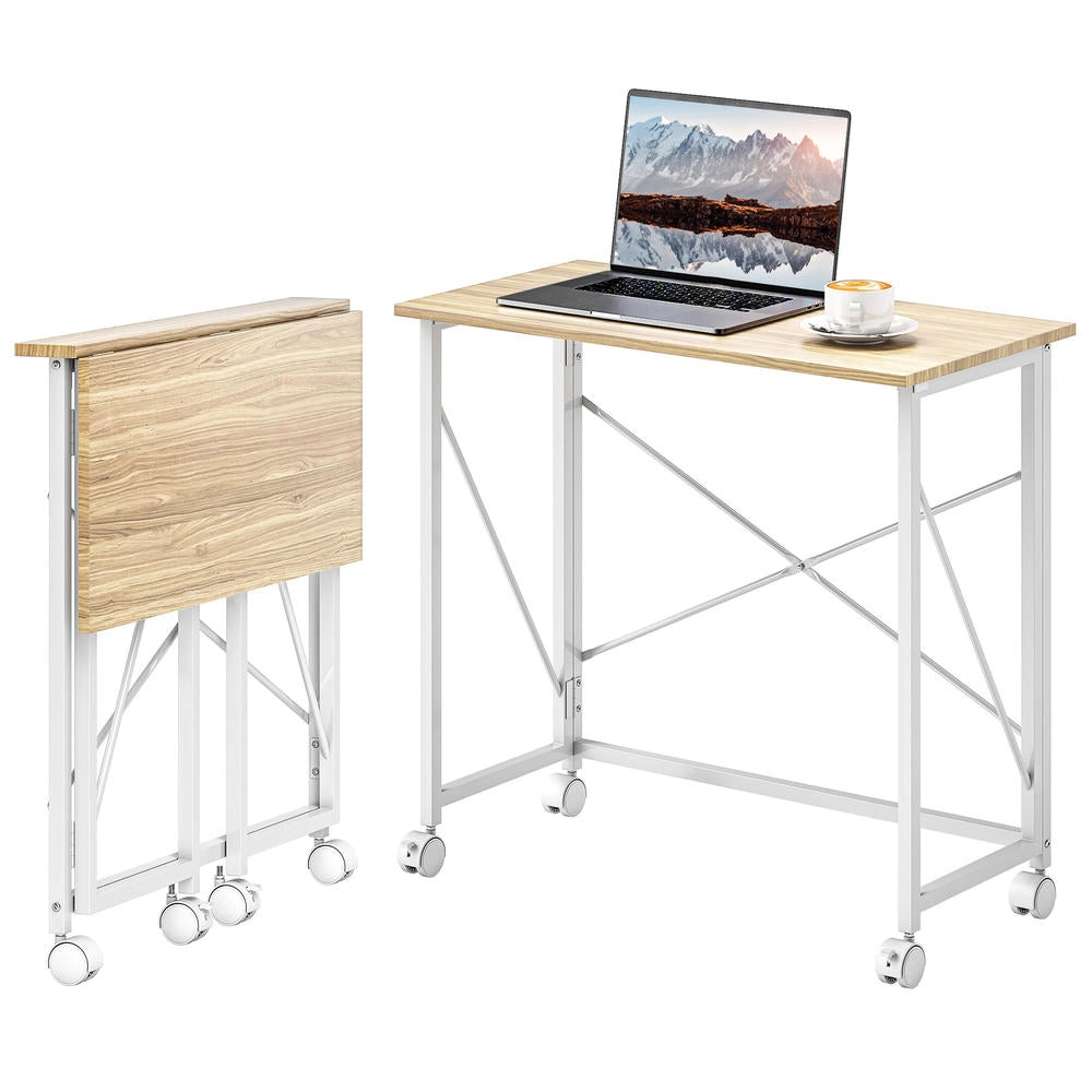 Scrivania Pieghevole con Ruote Salvaspazio in Acciaio e MDF Naturale per Computer e Studio