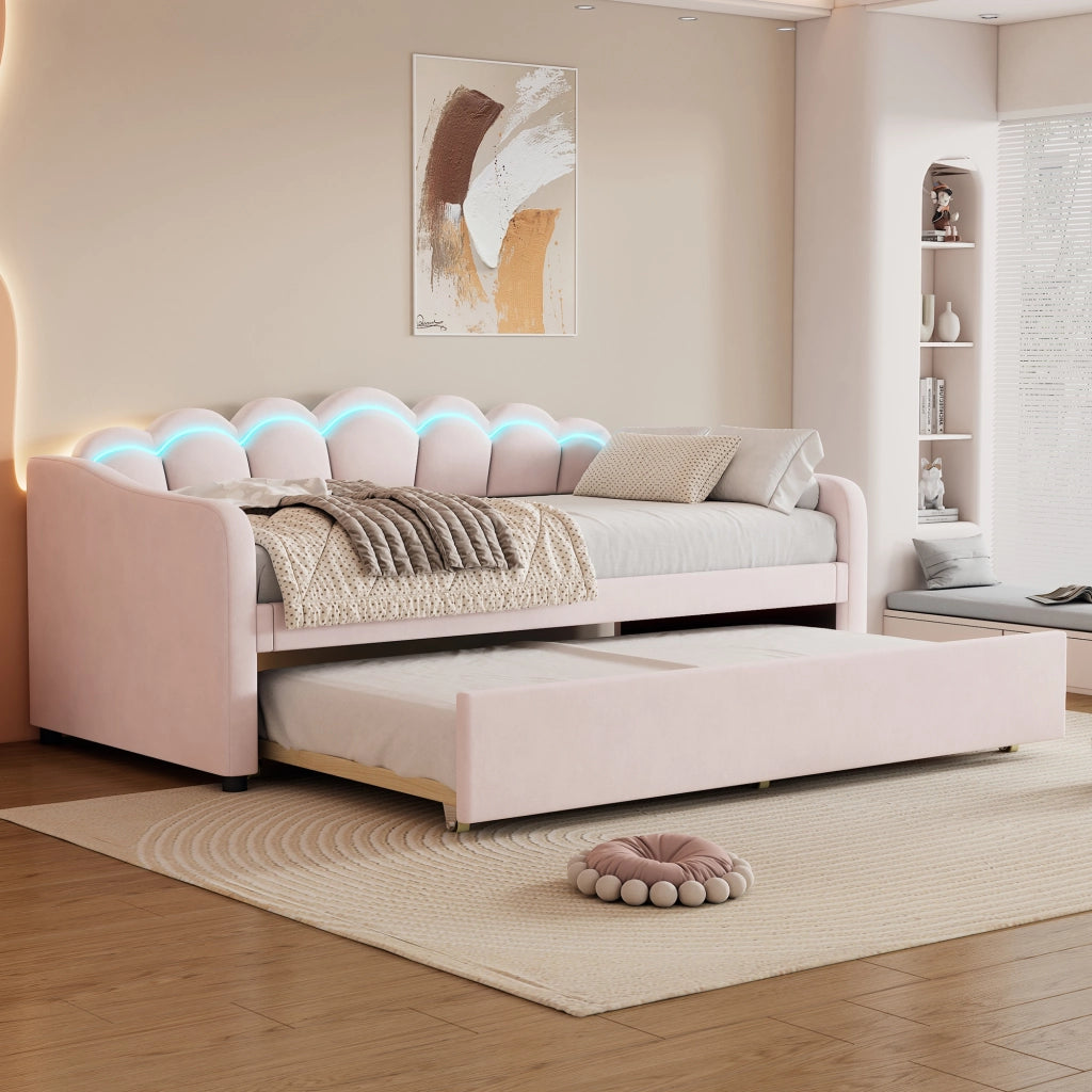 Divano letto singolo 90x200 cm con letto estraibile; struttura in MDF; velluto rosa e LED con telecomando