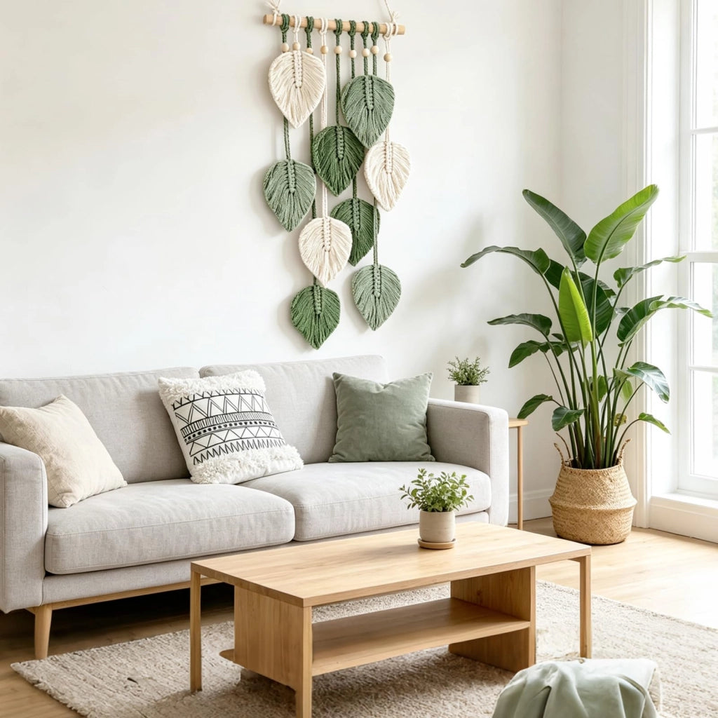 Tappezzeria da parete in macramè, stile boho, 25x60 cm, realizzata a mano, verde e crema