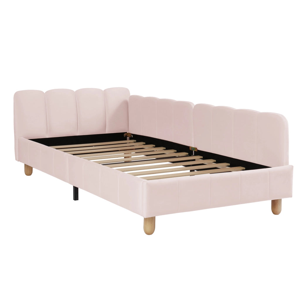 Letto in velluto rosa con testiera inclinata e gambe in legno di gomma