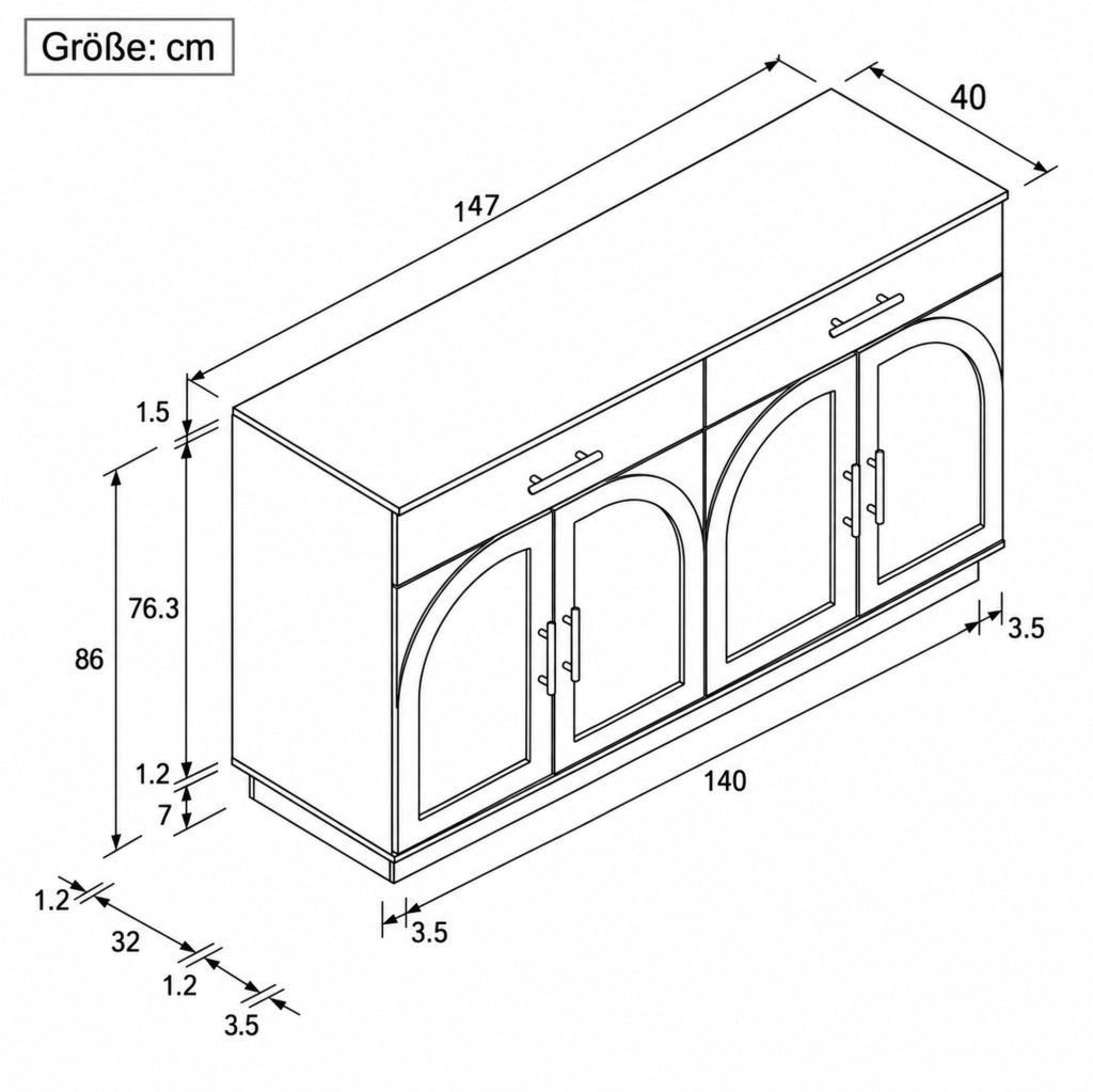 Credenza cucina LED 147x40x86 cm con 2 cassetti e 4 ante