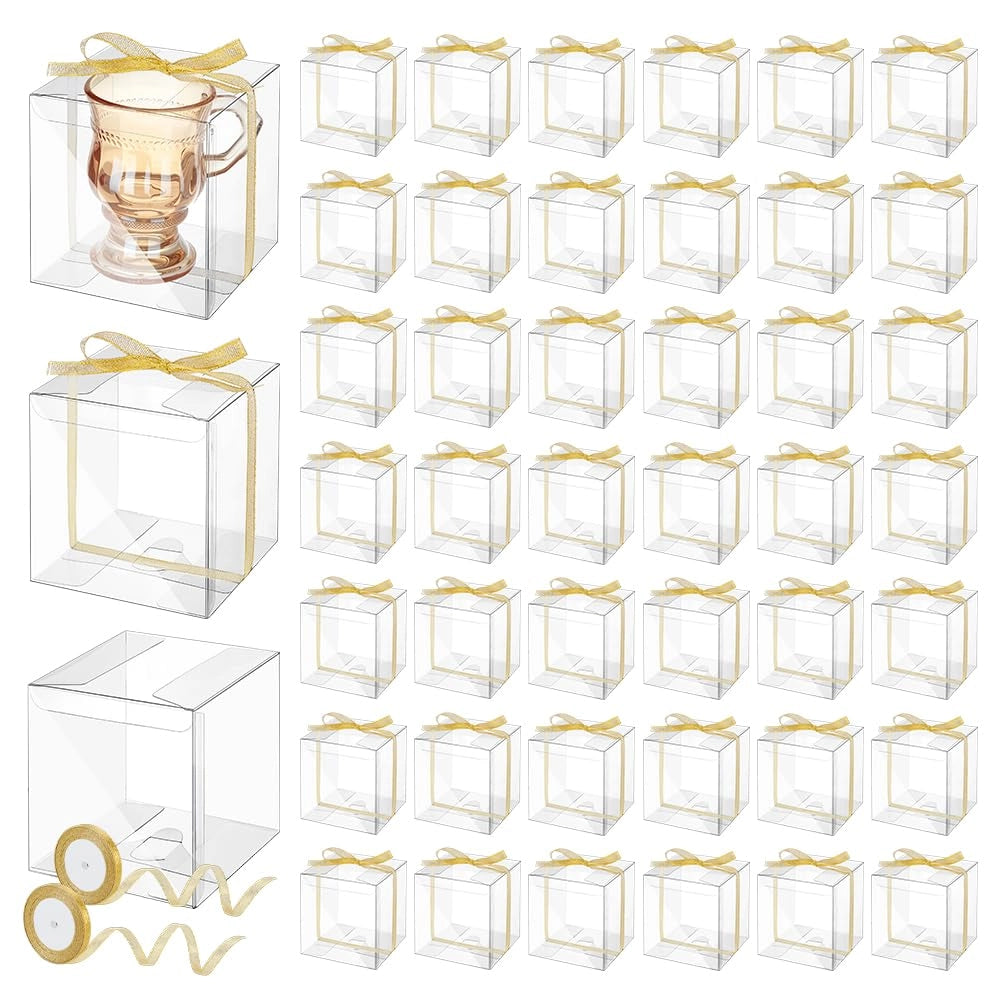 50 scatole regalo trasparenti, dimensioni 10x10x10 cm, con nastro dorato