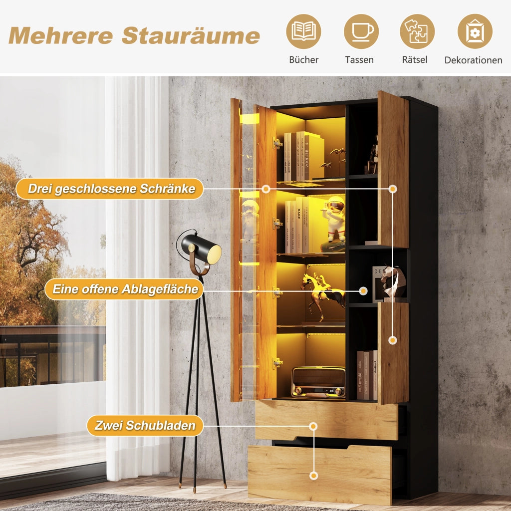 Vetrina 70 × 35 × 180 cm con 3 ante 2 cassetti LED controllata tramite app in MDF naturale e nero con vetro temprato
