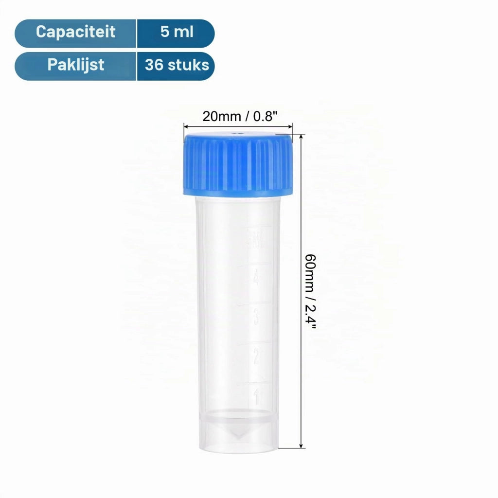 36 provette di plastica da 5 ml con tappo a vite, blu/trasparenti