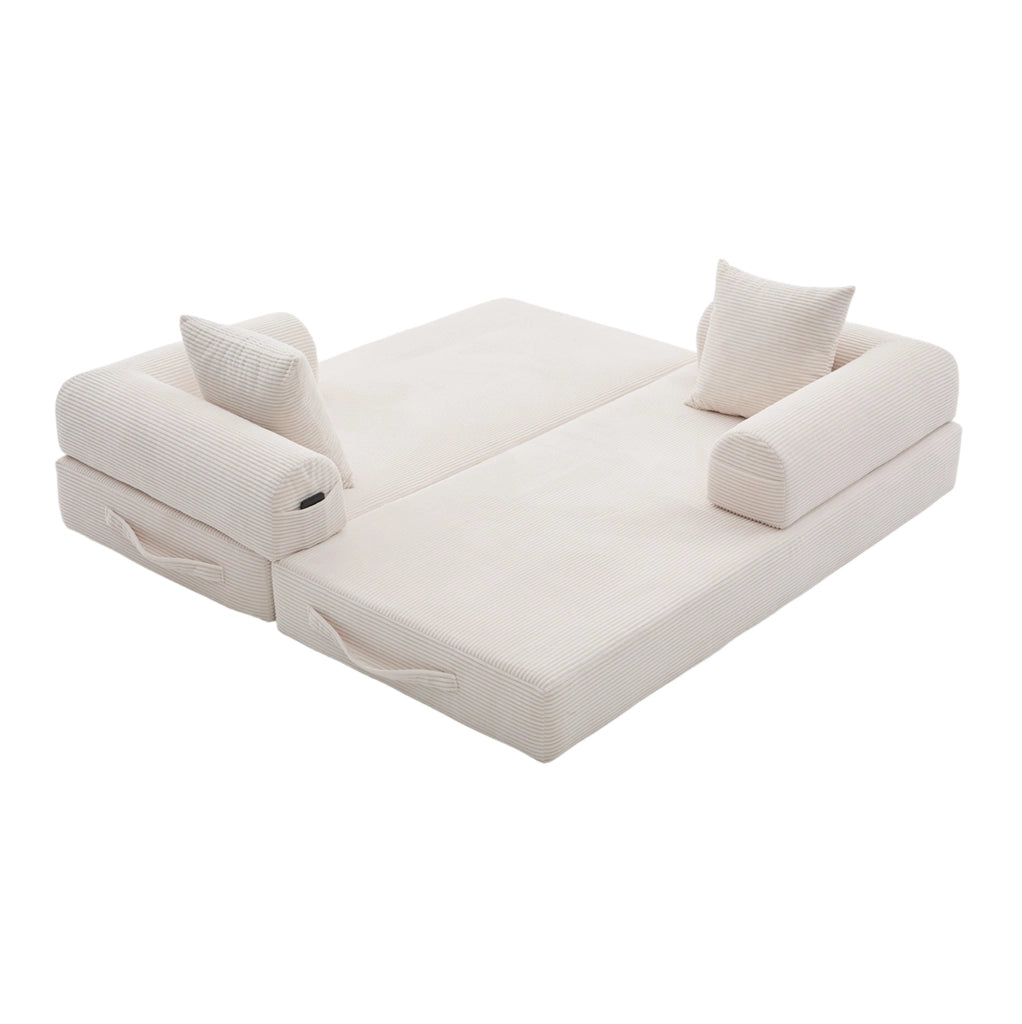 Divano modulare beige in velluto a coste con struttura in metallo e 3 cuscini