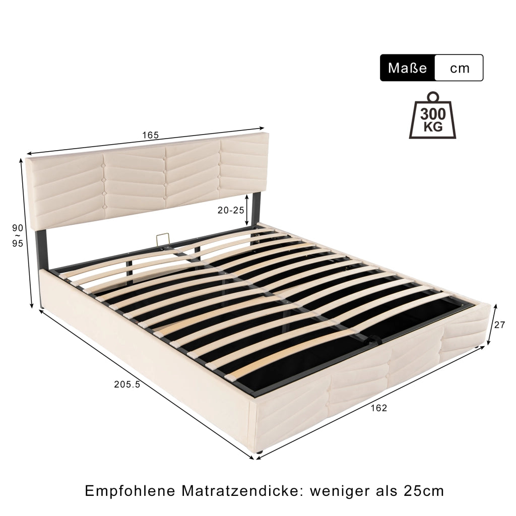 Letto matrimoniale contenitore 160 × 200 cm in velluto beige con testiera regolabile e sollevamento idraulico