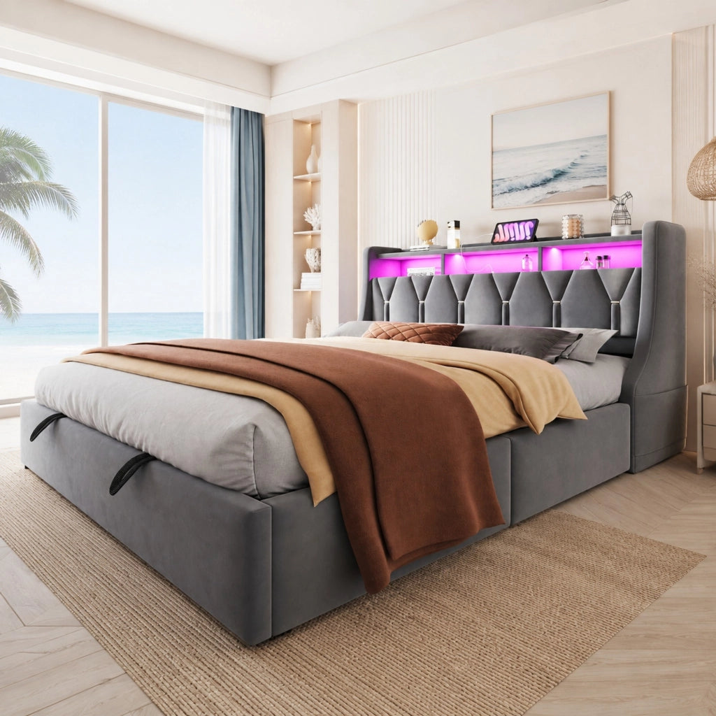 Letto matrimoniale 180x200 cm con contenitore idraulico; LED e prese USB-C; grigio
