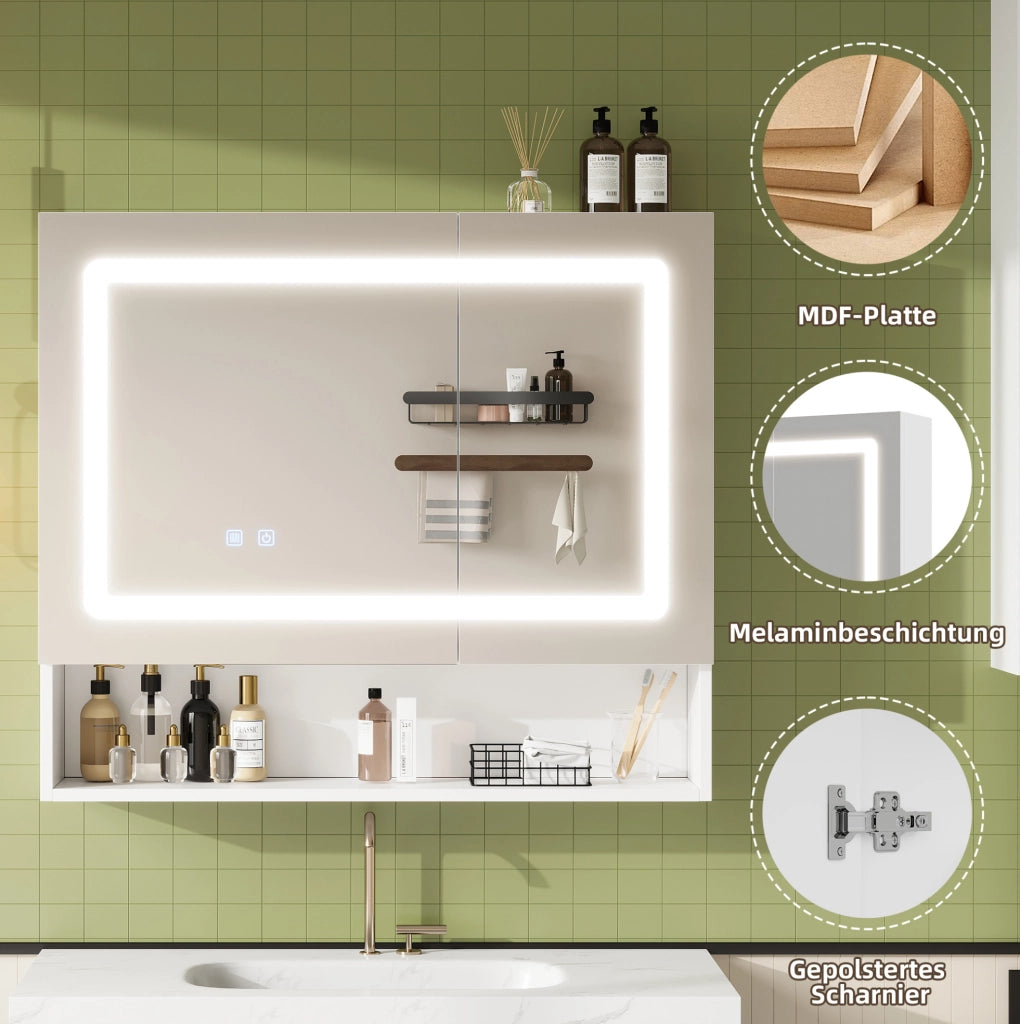 Armadietto a specchio bianco per bagno con illuminazione e funzione antiappannamento, 80 x 17 x 70 cm