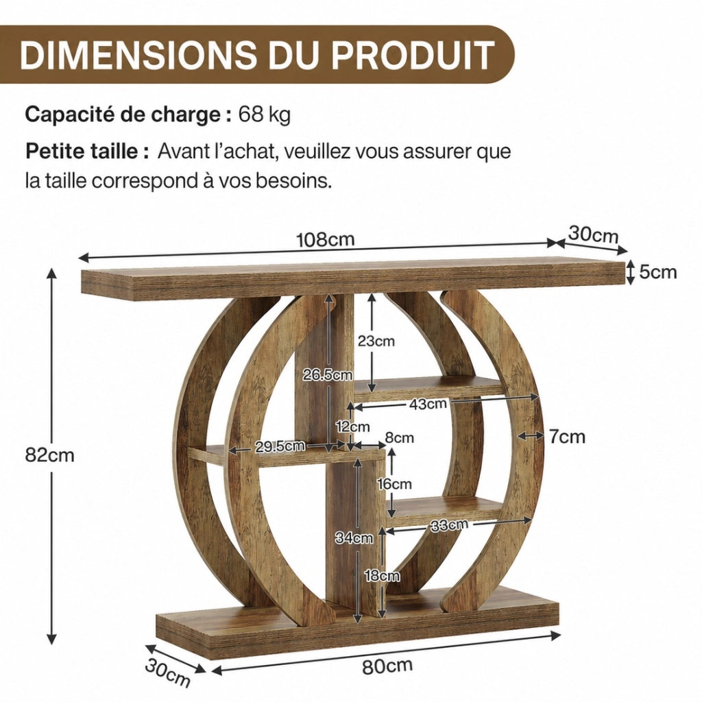 Consolle stretta per ingresso e soggiorno con 4 ripiani salvaspazio 108 cm; in legno marrone chiaro stile rustico