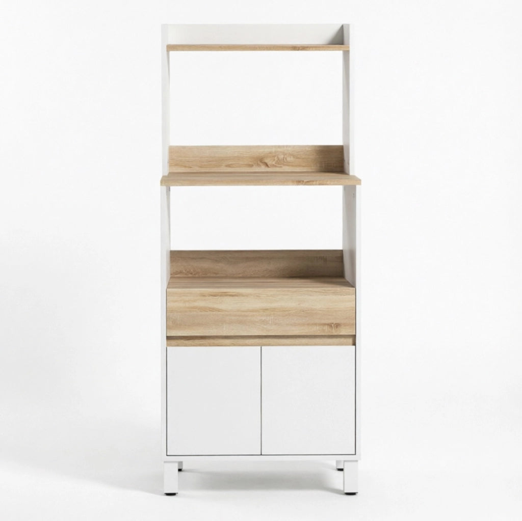 Mobile per microonde con cassetto e ripiani, 60 x 40 x 131 cm, bianco e rovere