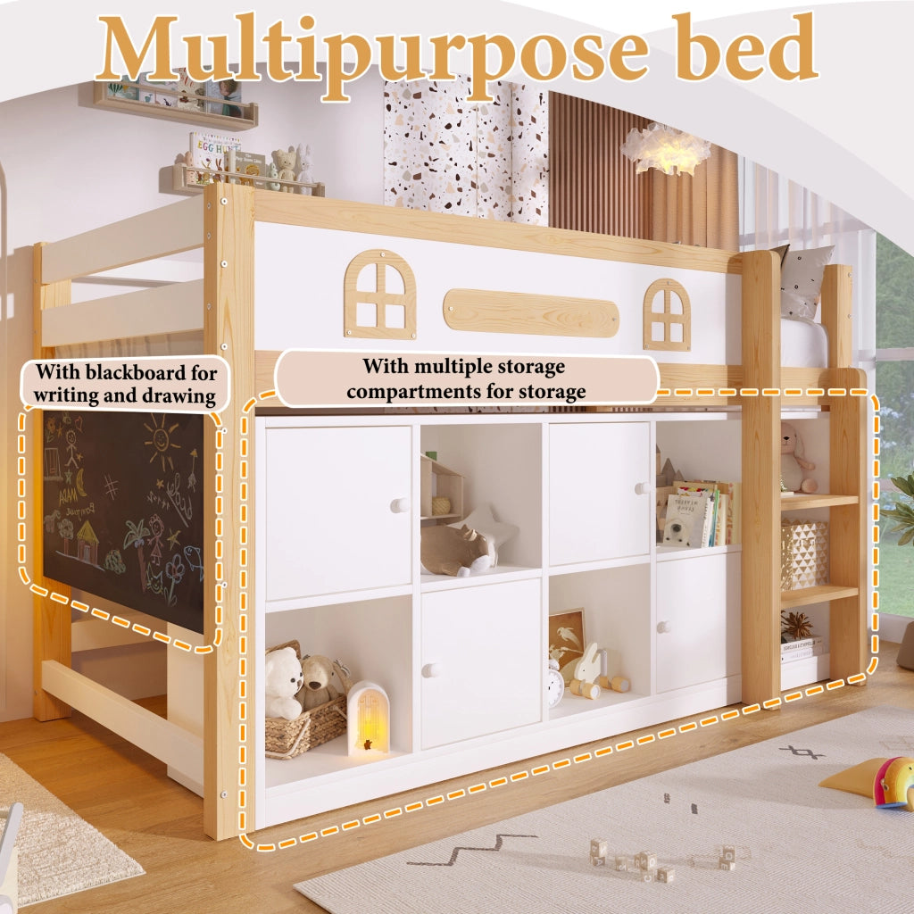 Letto a soppalco 90 × 200 cm con lavagna in legno di pino e MDF bianco naturale con scala e ripiani