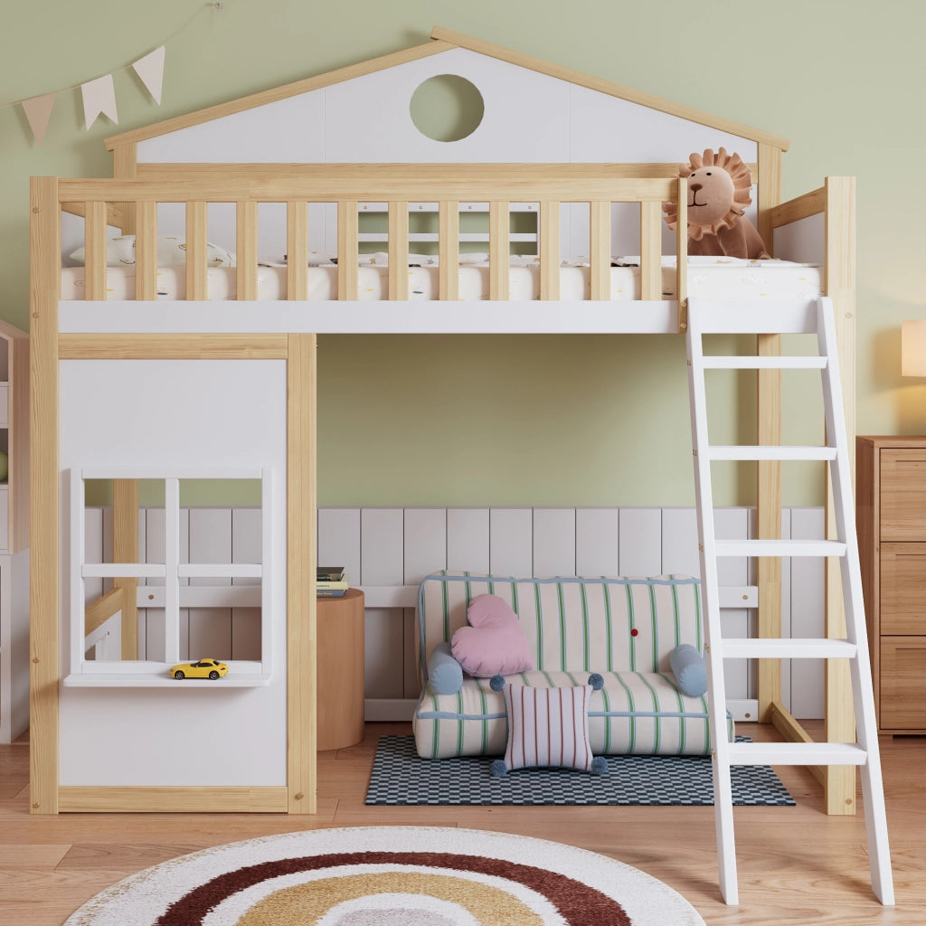 Letto a castello per bambini 90 × 200 cm con scala protezione anticaduta legno bianco e naturale con tetto
