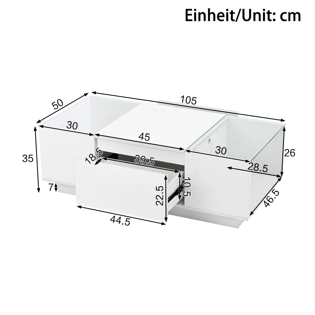 Tavolino da caffè 105x50x35 cm con LED Bluetooth; 2 cassetti e ripiani laterali; truciolare bianco