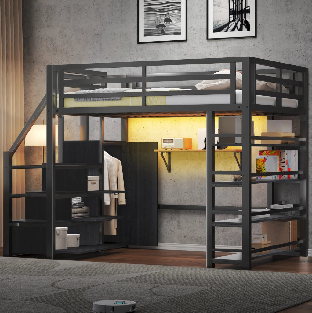 Letto a castello in metallo 140x200 con armadio integrato, ripiani, illuminazione LED e scala contenitore, nero